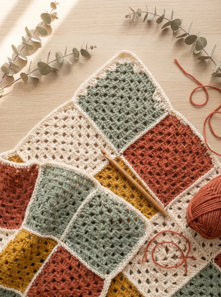 corner of a multi-color granny square blanket in cream sage mustard and terracotta with a hook resting on top