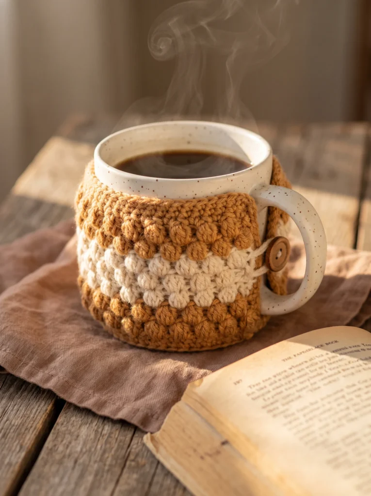 A striped mustard and cream bobble crochet mug cozy buttoned around a steaming speckled mug on a wooden table beside an open book