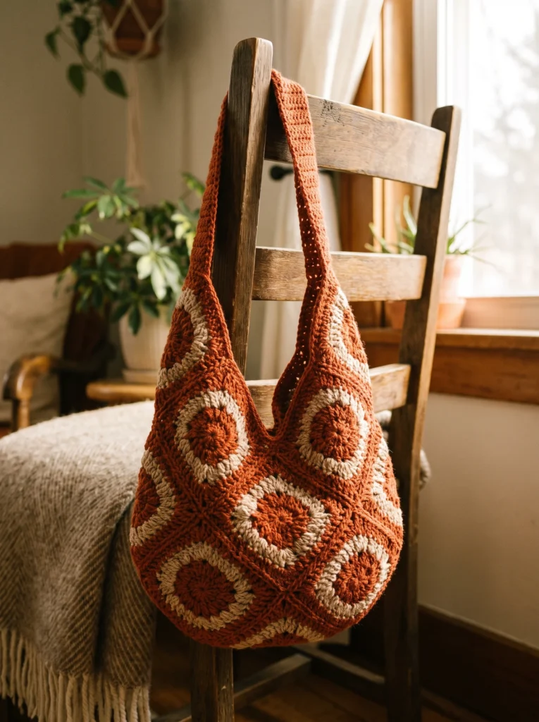  burnt orange and beige granny square hobo bag with a wide shoulder strap hanging over a wooden chair beside a fringed throw