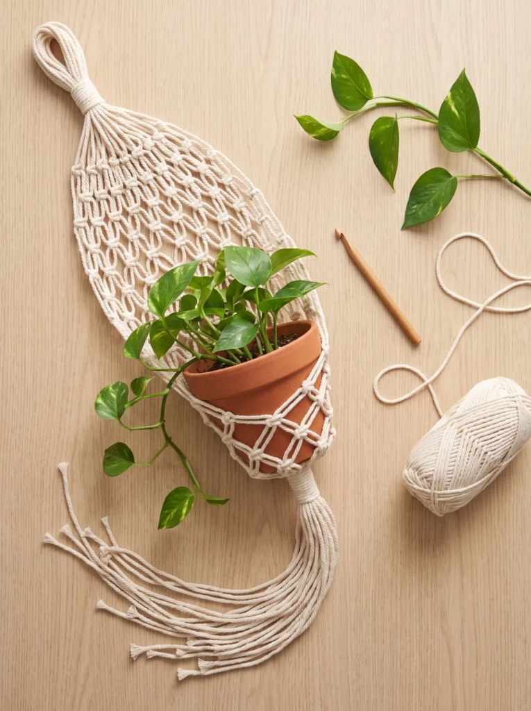 cream crochet plant hanger holding a terracotta pot of pothos, with cotton cord and a wood hook on a wood table