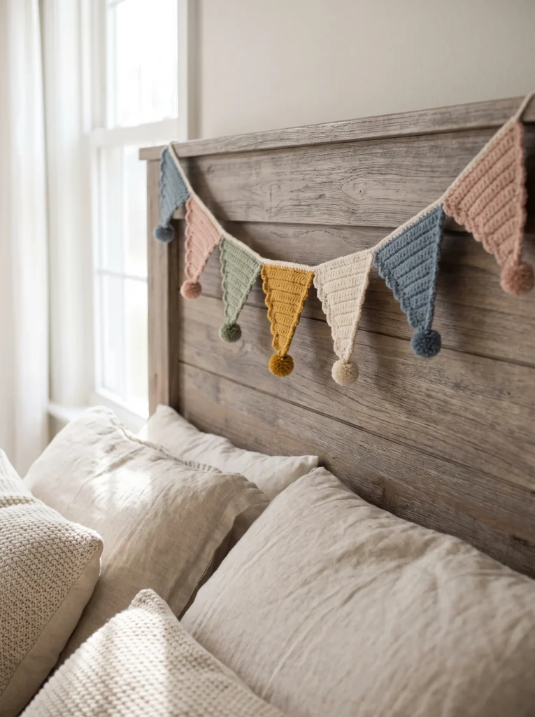 A crochet triangle bunting garland in blue, pink, sage, mustard and cream with pom-poms, strung across a weathered wood headboard above linen pillows