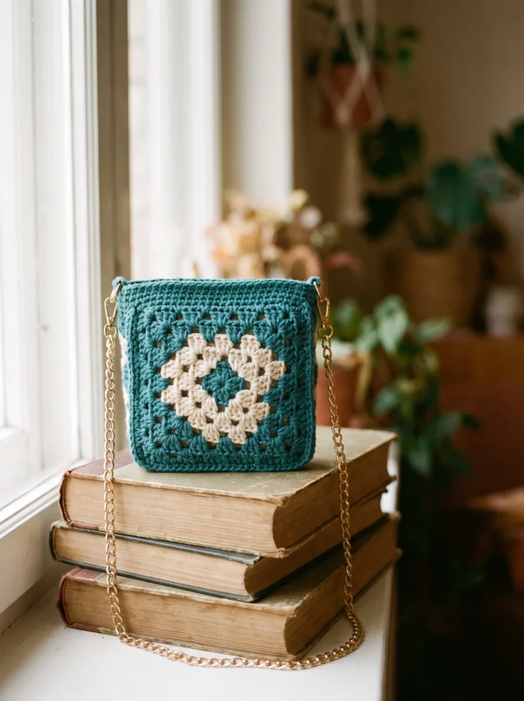 teal and cream single granny square mini bag with a delicate gold chain strap sitting on a stack of old books by a window