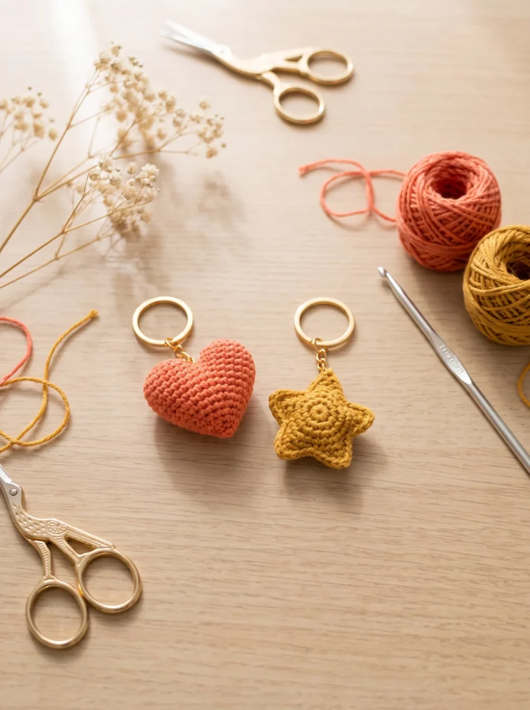 coral crochet heart keychain and mustard star keychain on gold rings, with yarn balls and a hook