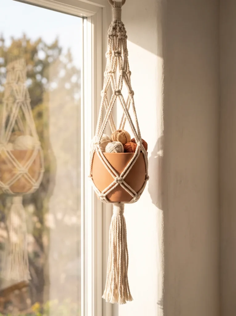A cream macramé-style crochet plant hanger holding a terracotta pot full of yarn balls, hanging by a sunlit window