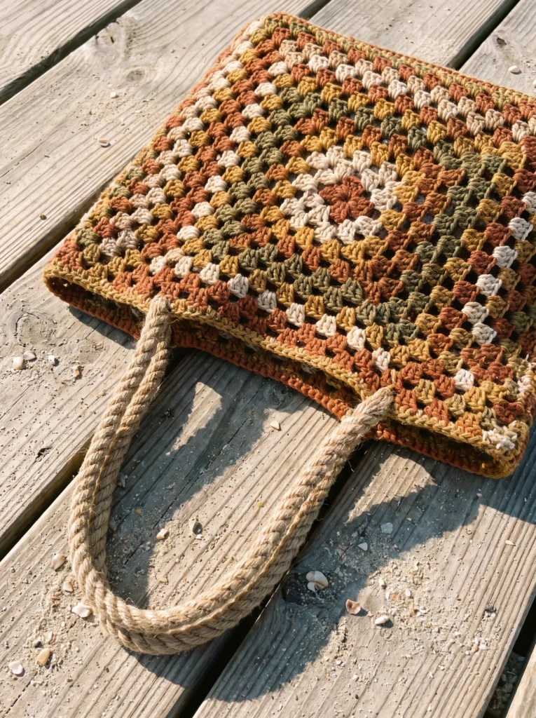  earthy multicolor striped granny stitch beach bag with thick natural rope handles lying on sandy weathered boardwalk planks