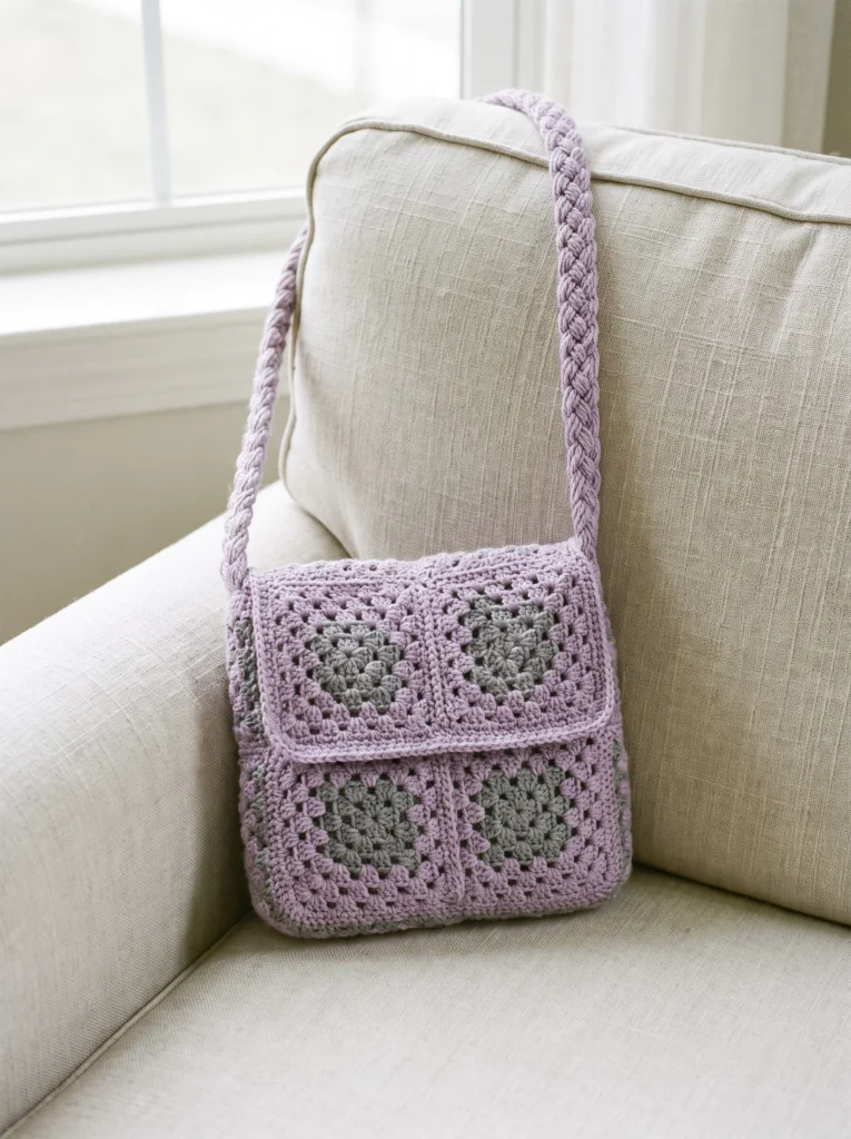 lavender and gray granny square shoulder bag with a thick braided strap and front flap resting on a pale linen sofa