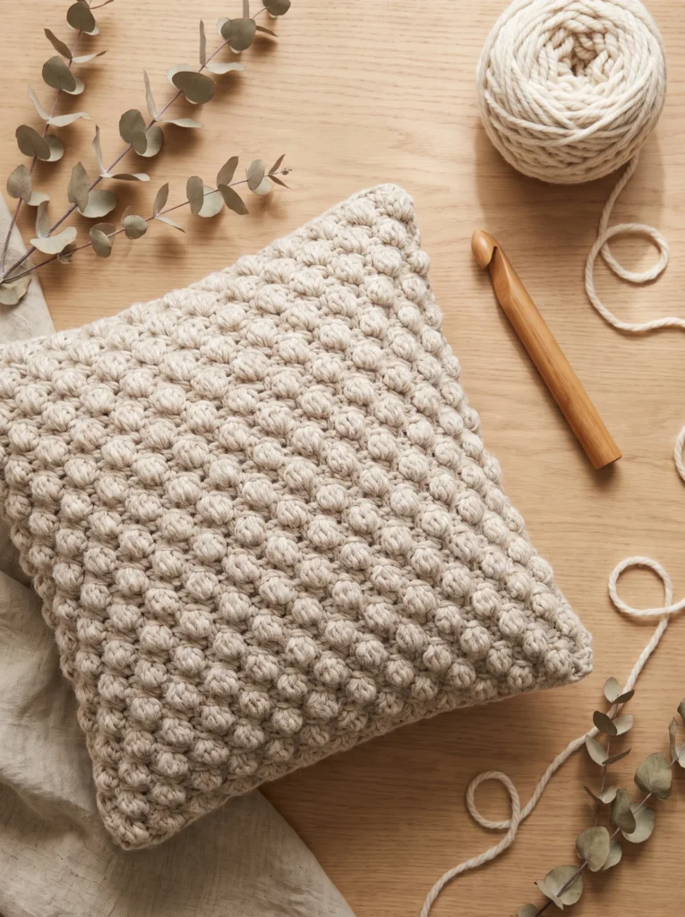 chunky oatmeal crochet bobble-stitch throw pillow on a wood table with a wood hook, cream yarn, and eucalyptus
