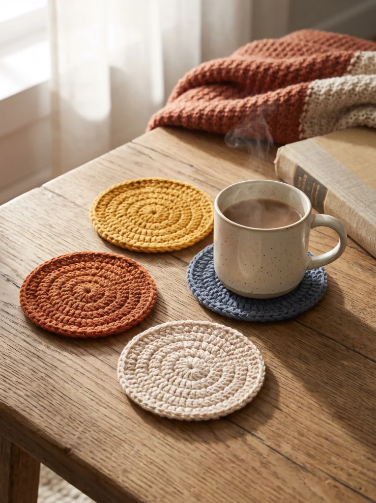 A set of crochet round coasters in mustard, rust, cream and blue on a wooden table, one holding a steaming speckled mug