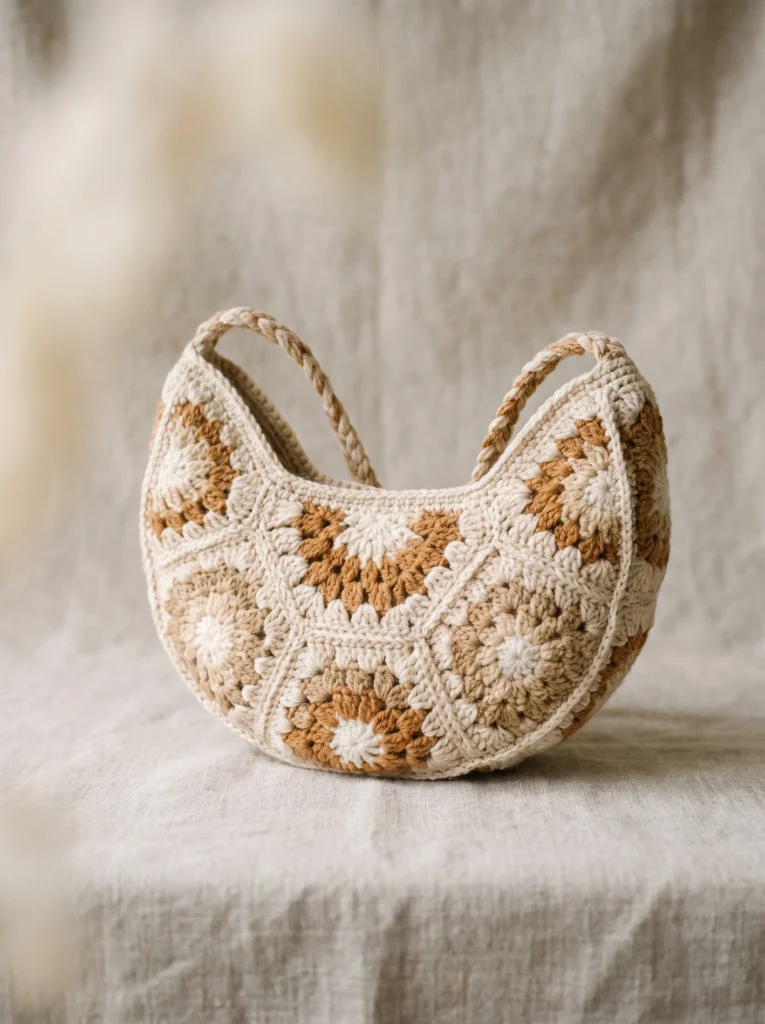 cream and caramel granny square crescent half-moon shaped bag with a short top handle on a textured linen backdrop