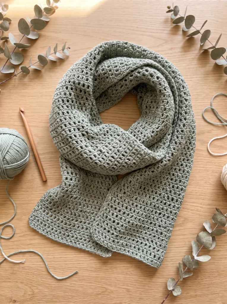 sage green open-stitch crochet scarf folded in soft waves with a wood hook, sage yarn, and eucalyptus