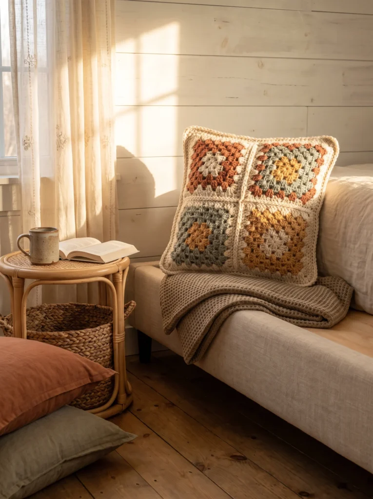 A four-square granny crochet throw pillow in rust, sage, mustard and cream resting on a linen sofa in a sunlit reading nook