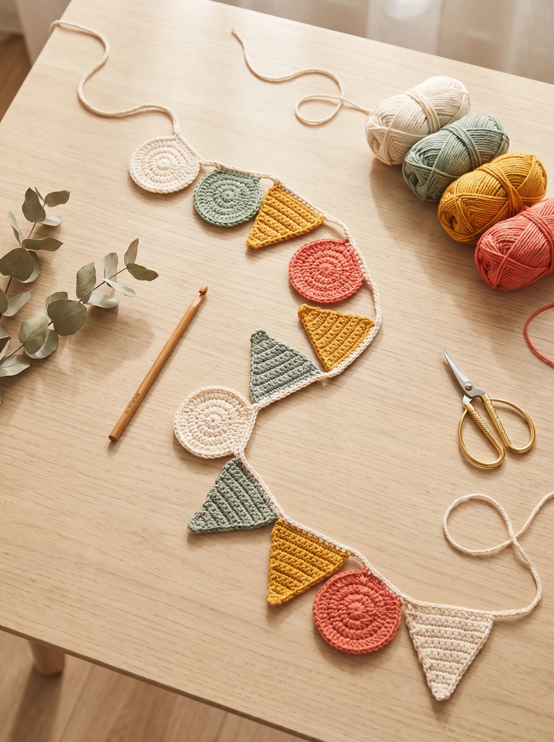 crochet garland of cream sage mustard and coral circles and triangles strung across a wood table with yarn and scissors