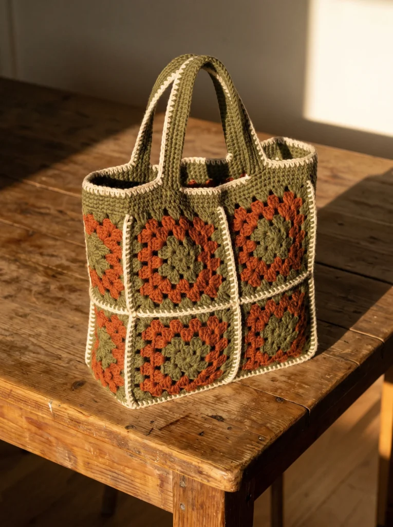 olive green and rust granny square tote with visible cream whip-stitch seams and sturdy handles on a rustic wooden table in warm light