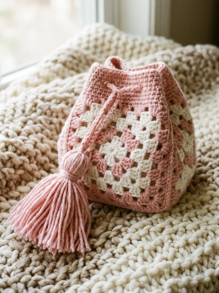 soft pink and cream granny square drawstring pouch with a large chunky yarn tassel resting on a cream chunky knit blanket
