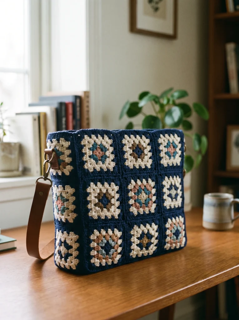 navy and cream floral-centered granny square structured bag with a brown leather strap sitting on a wooden desk in a study with books and a plant