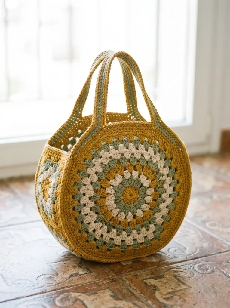 mustard sage and cream round basket bag with a stiff structured base sunburst pattern and two top handles on a patterned tile floor