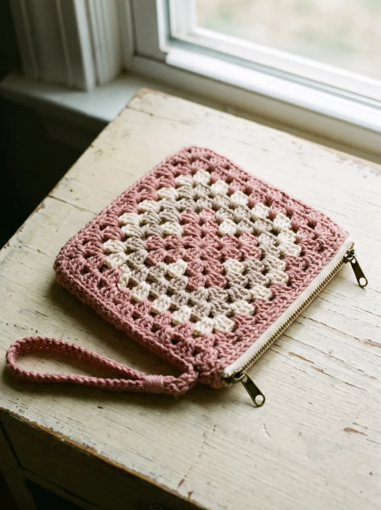 dusty rose and cream granny stitch wristlet with a brass zipper and short wrist loop on a chippy white painted table by a window