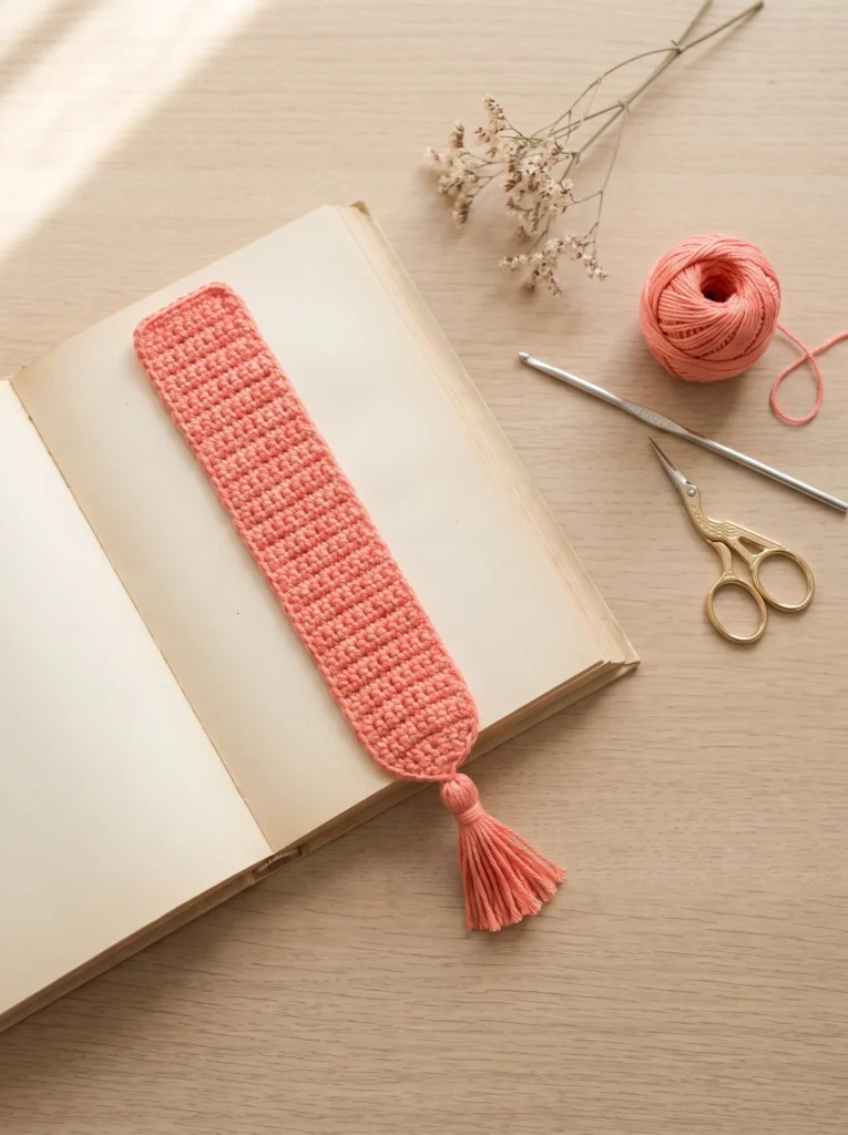 coral crochet bookmark with a tassel resting on an open book, with coral yarn, a hook, and gold scissors nearby