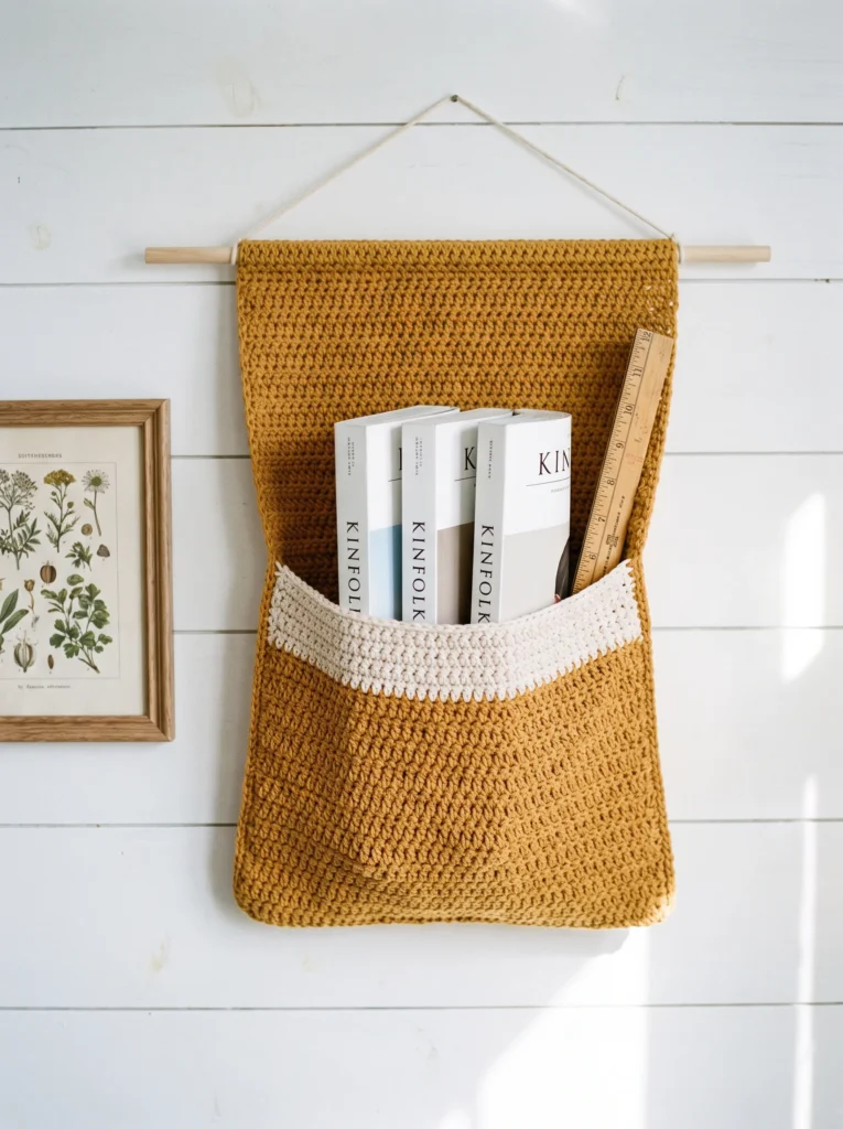 A mustard yellow crochet wall hanging organizer holding books and a ruler, mounted on a wooden dowel against white shiplap