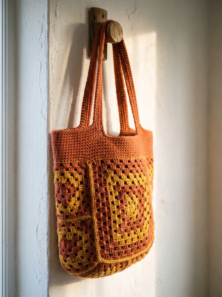 burnt orange and golden yellow granny square tote bag with long shoulder straps hanging on a wooden peg against a white plaster wall