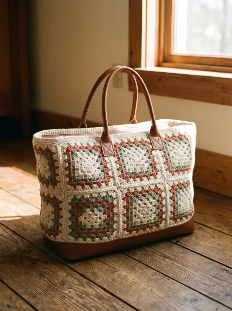 large cream rust green and brown granny square weekender tote with brown leather base and tall leather handles on a rustic wood plank floor by a window