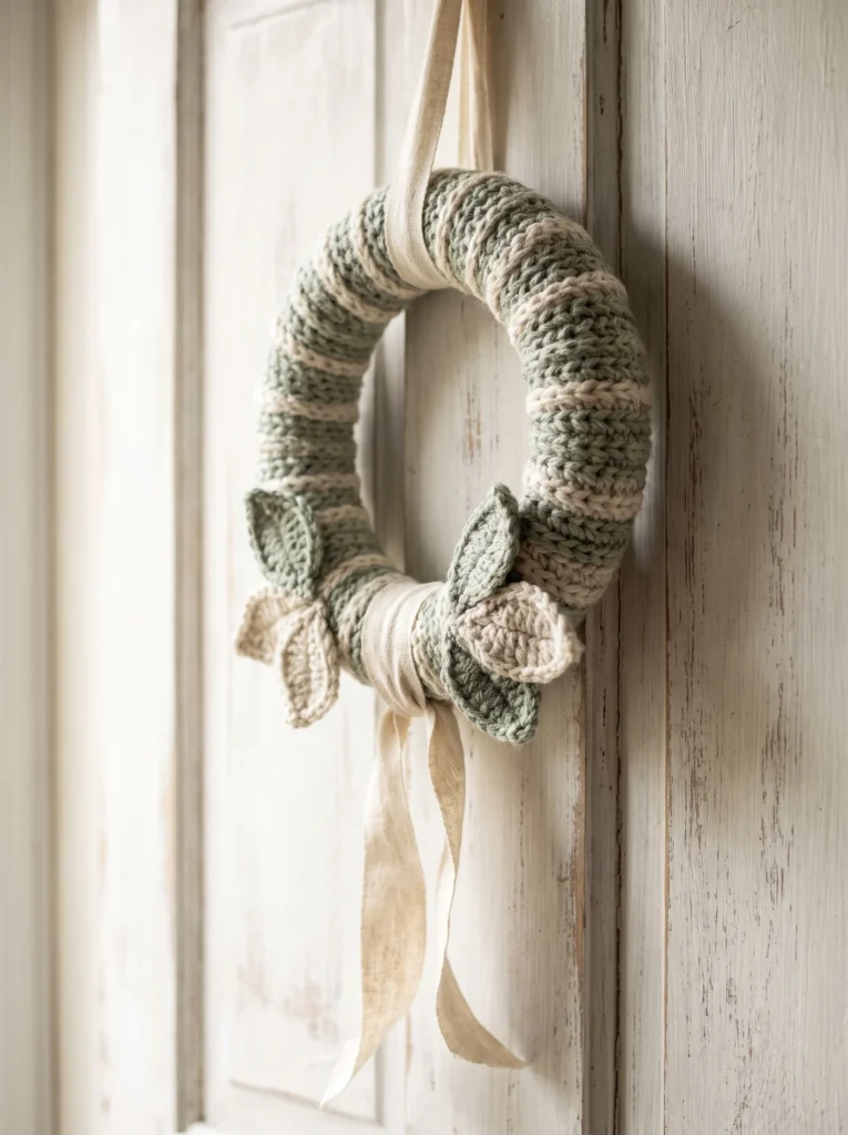 A small crochet-wrapped wreath in sage green and cream stripes with crochet leaves and a linen ribbon, hanging on a weathered white door