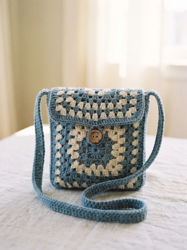 dusty blue and cream granny square crossbody bag with a round wooden button closure and long thin strap on a linen tablecloth