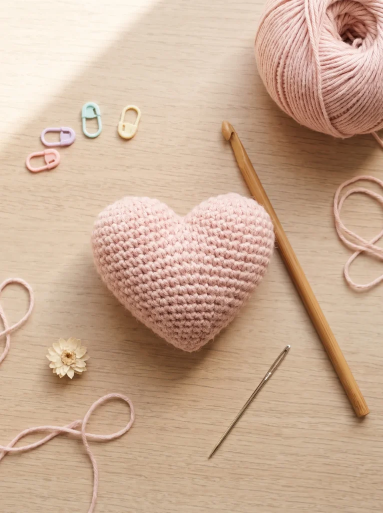 single plush blush crochet amigurumi heart with a bamboo hook, pastel stitch markers, and a yarn needle