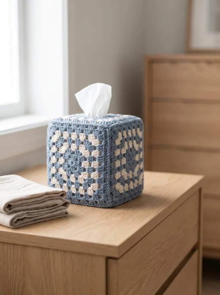 A blue and cream granny square crochet tissue box cover on a light oak dresser beside a folded linen cloth
