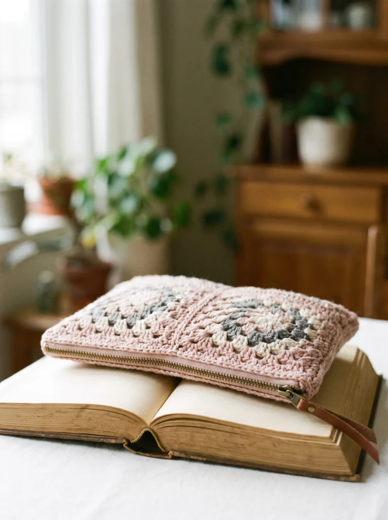 soft pink and gray granny square zippered pouch resting on an open vintage book in a cozy plant-filled room
