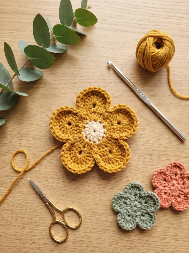 mustard crochet flower with a cream center beside smaller sage and coral flowers, with a hook and yarn