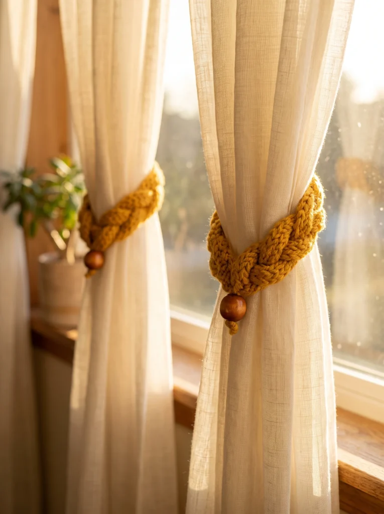 Two sheer cream curtains held back with thick braided mustard crochet tiebacks finished with wooden beads, glowing in sunset light