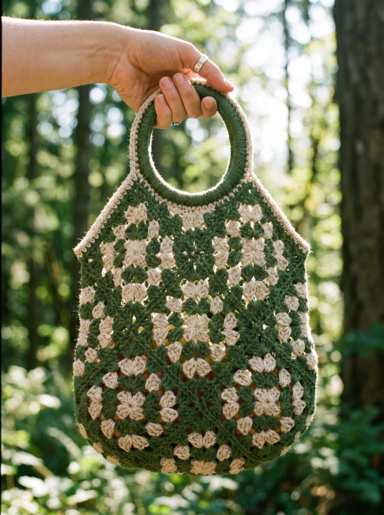 green and cream open lattice granny square market bag with a round crochet handle held up in a sunny forest