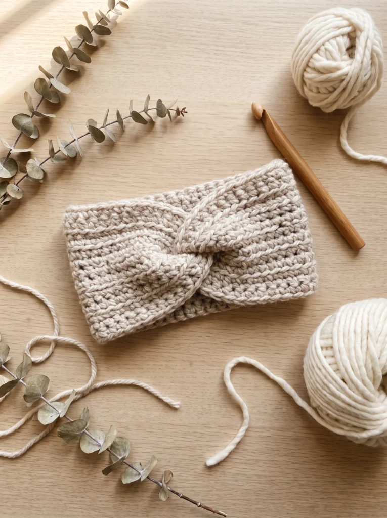 chunky oatmeal crochet headband with a twist knot in the center, a wood hook, and cream yarn balls