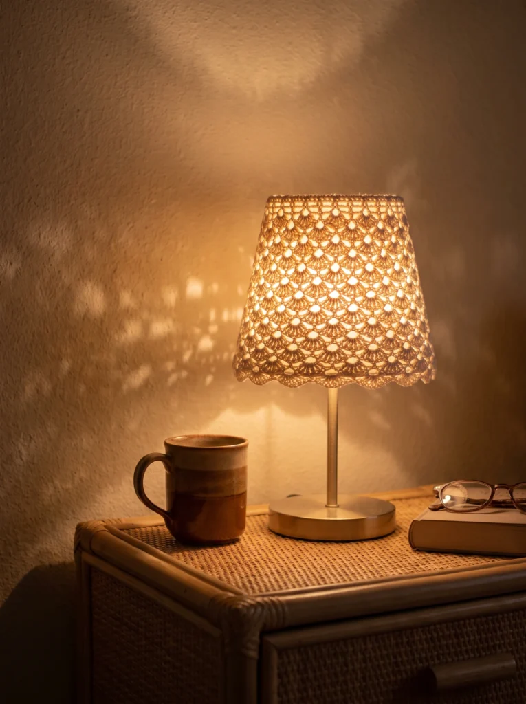 A warm crochet lace lampshade in cream glowing on a brass lamp, casting shell-pattern shadows on a textured wall above a rattan nightstand