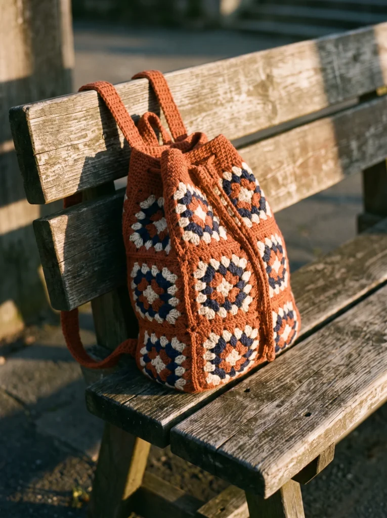 rust navy and cream granny square drawstring backpack with crochet straps sitting on a weathered wooden park bench in golden light
