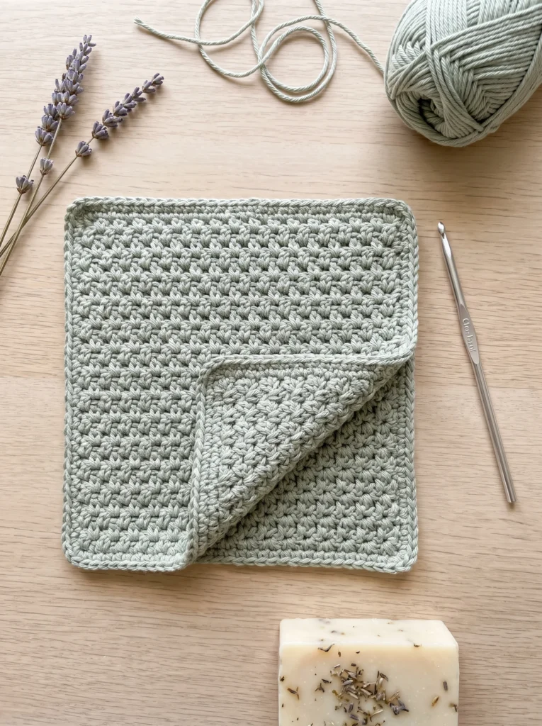 sage green textured crochet washcloth folded on a wood table with a bar of soap, lavender, and a hook