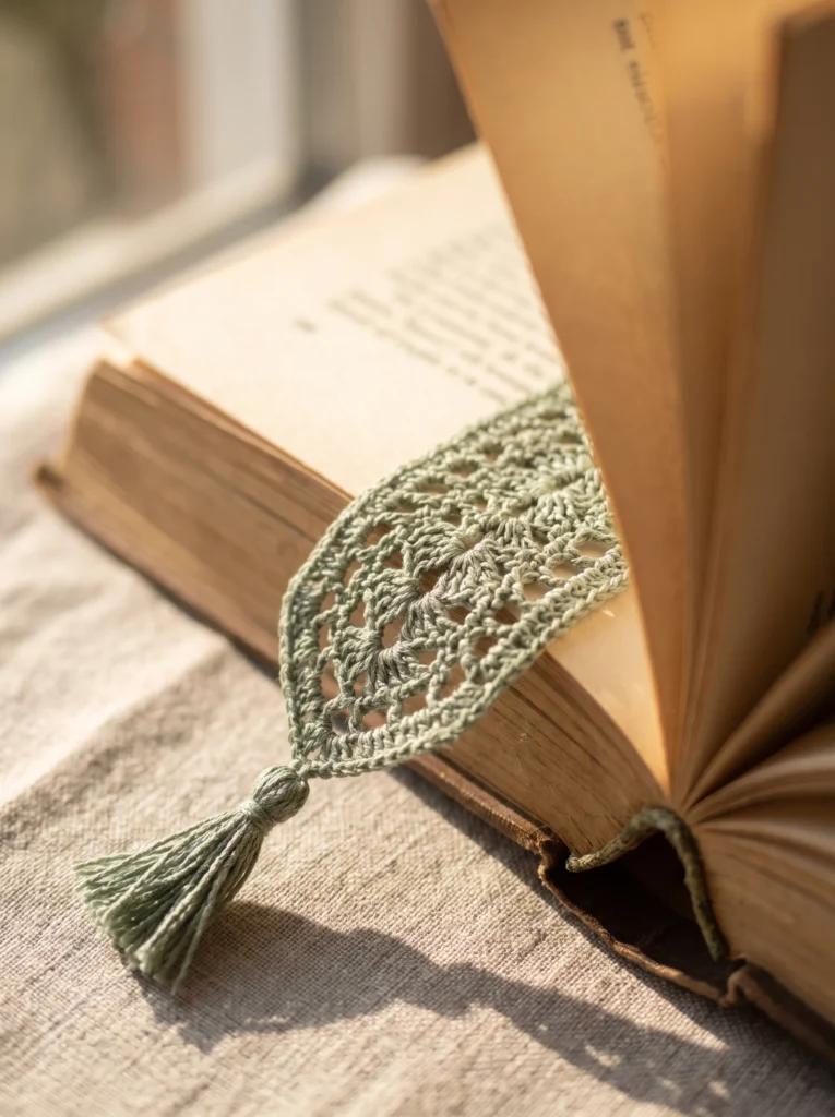 A delicate sage green crochet lace bookmark with a tassel resting inside an open vintage book in soft sunlight