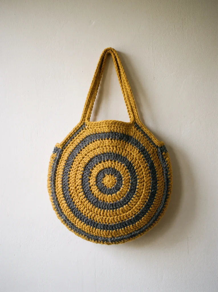 mustard yellow and gray round circle crochet bag worked in concentric stripes with a short top handle hanging on a cream wall