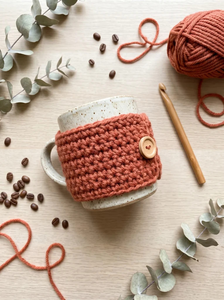 terracotta crochet mug cozy with a wood button wrapped around a speckled stoneware mug, with coffee beans and yarn