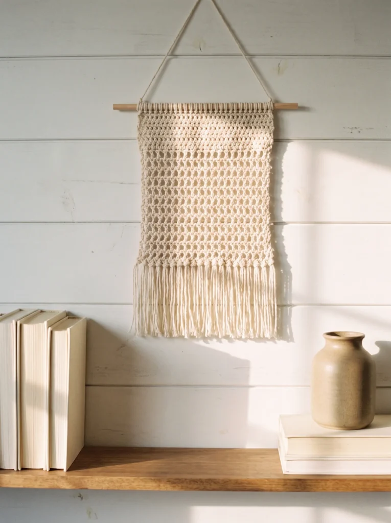 A cream crochet wall hanging with open mesh stitches and long fringe, mounted on a wooden dowel above a shelf with books and a stoneware vase