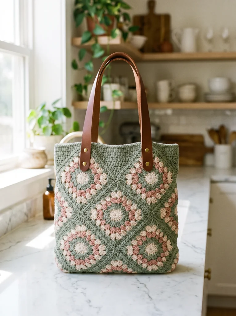 sage green pink and cream granny square tote with brown leather handles standing on a marble kitchen counter in a bright farmhouse kitchen