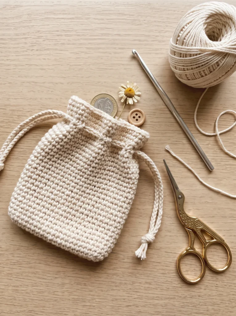 cream crochet drawstring pouch with a coin and wood button beside it, plus cotton yarn, a hook, and gold scissors