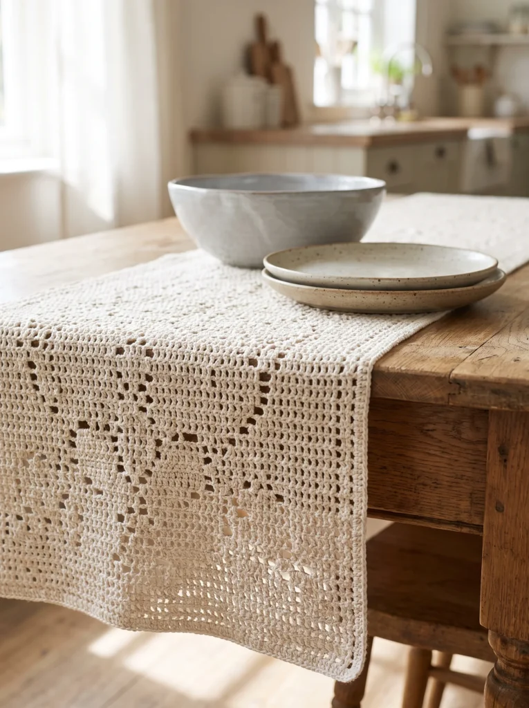 A cream filet crochet table runner with a subtle floral motif draped across a rustic wooden dining table set with stoneware dishes