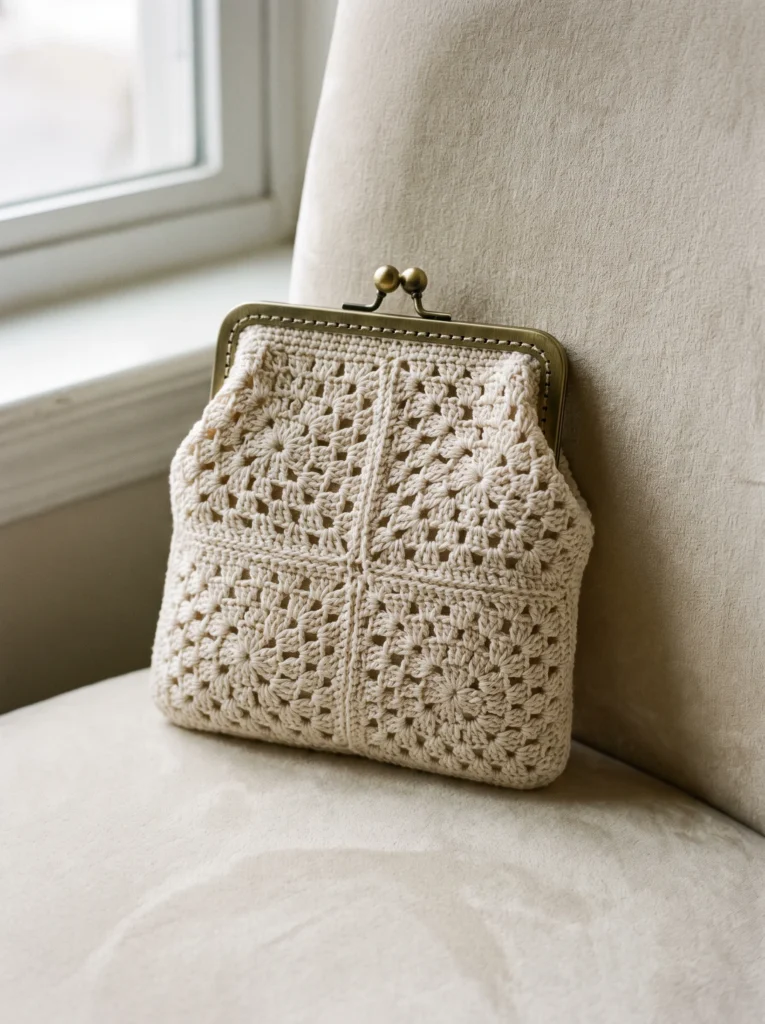 cream tonal granny square clutch with an antique brass kiss-lock frame propped on a soft beige armchair by a window