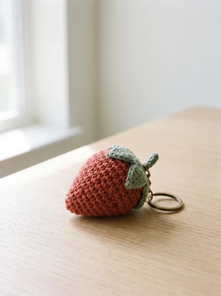 red crochet strawberry keychain with a green leafy calyx and a brass ring on a pale wood table