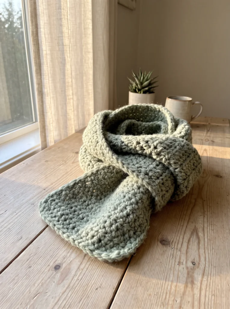 Sage green and cream crochet scarf knotted on a wood table near a window with a succulent