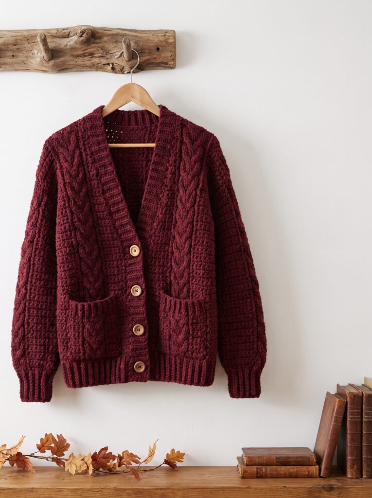 deep burgundy cable crochet cardigan with wooden buttons and front patch pockets hanging on a wooden peg rail