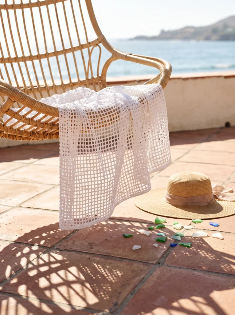 white open mesh crochet throw draped over a rattan chair on a sunny terrace overlooking the sea