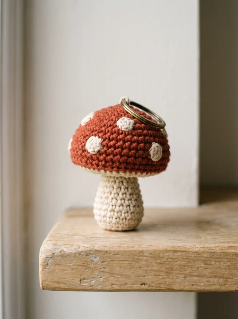  rust red crochet mushroom keychain with cream bobble spots and a thick cream stem standing on a wooden shelf